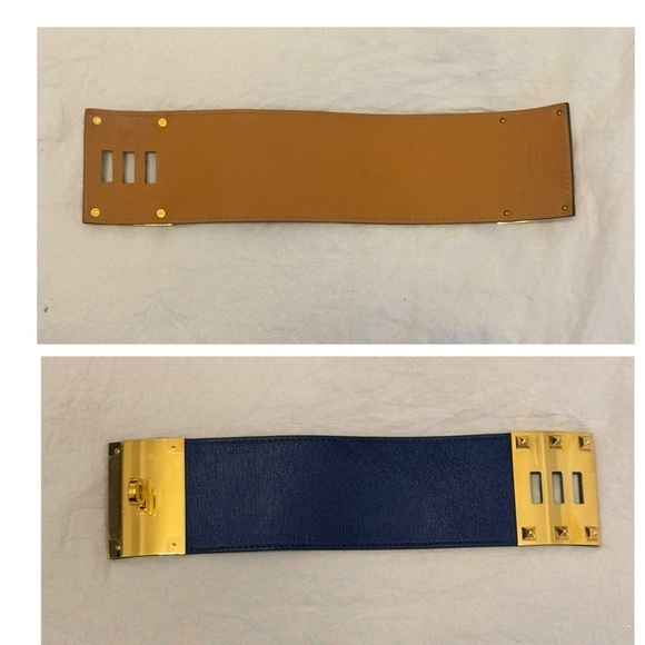 HERMES Kelly Extreme Dog Calfskin Blue R Stamp Gold Plated Wide Cuff Bracelet - Picture 15 of 15